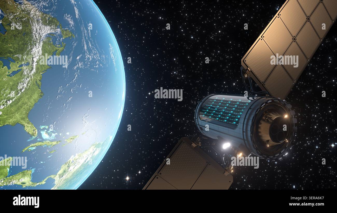 Data center nello spazio. Satellite con server in orbita attorno alla Terra. Foto Stock
