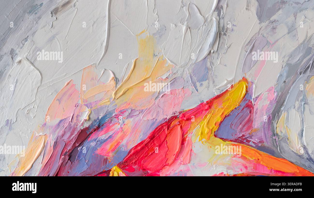 Pittura a mano completa su tela che mostra frammenti di colore e texture creati con la pittura a olio e le tecniche di palette Foto Stock