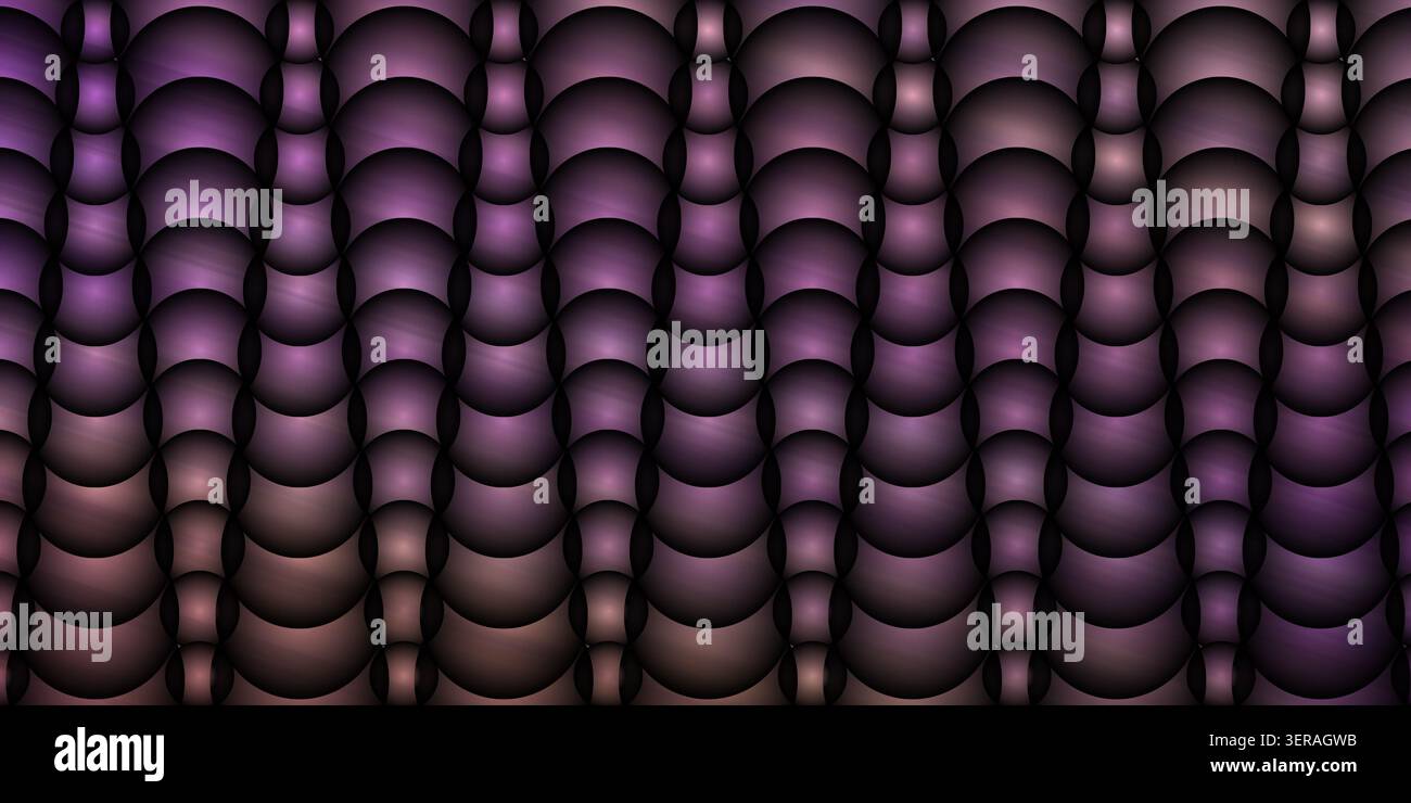 Uno sfondo astratto senza interruzioni caratterizzato da una ripetizione di sfere sovrapposte con sfumature di ombra scura e viola profonde. Foto Stock