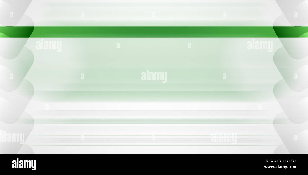 Sfondo astratto con una banda verde orizzontale prominente, effetti di sfocatura del movimento e forme geometriche morbide e arrotondate che incorniciano i lati. Foto Stock