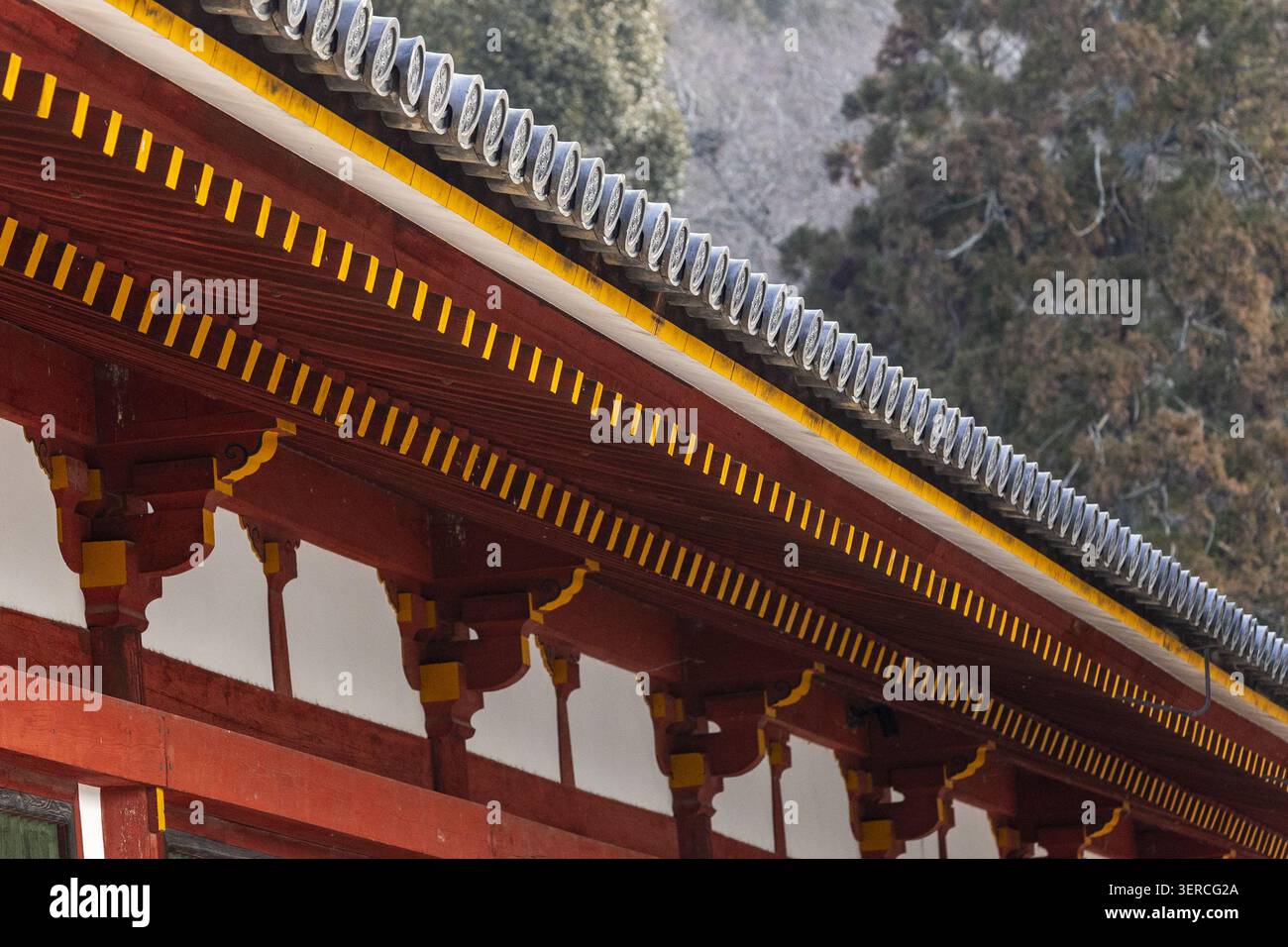 Vista della tradizionale architettura del tempio in legno rosso con dettagli gialli e tegole grigie a Nara, Nara, Giappone. Foto Stock