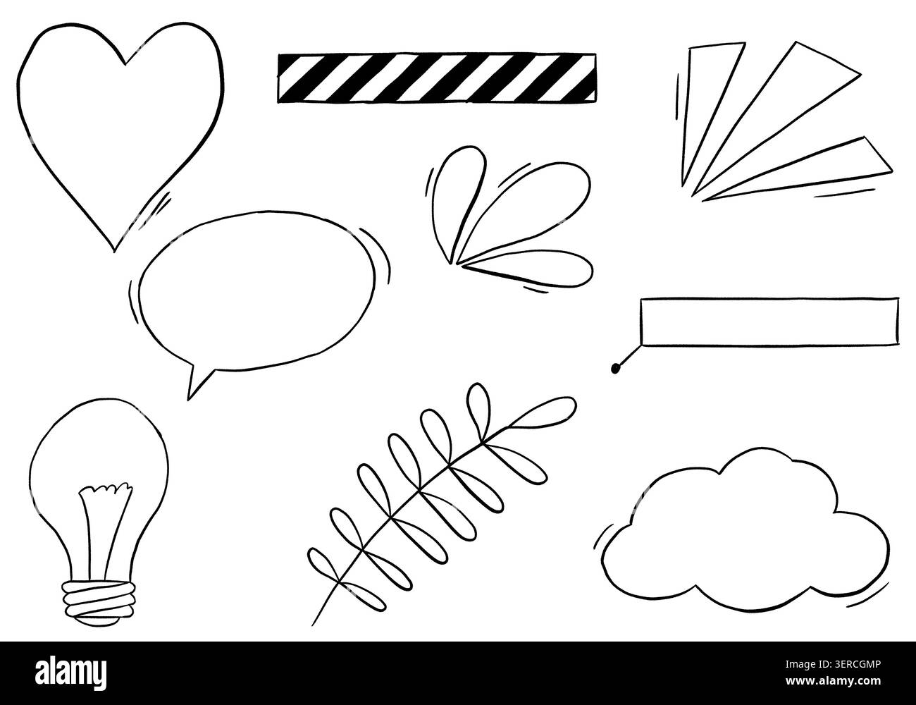 Set di scarabocchi disegnati a mano con linee semplici, forme grafiche ed elementi decorativi minimali Foto Stock