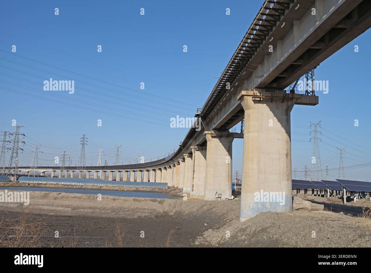 Da una prospettiva rivolta verso l'alto, il grande viadotto ferroviario ad alta velocità in cemento copre il telaio. Le enormi aste del ponte sostengono in modo stabile i cingoli e la cabina Foto Stock