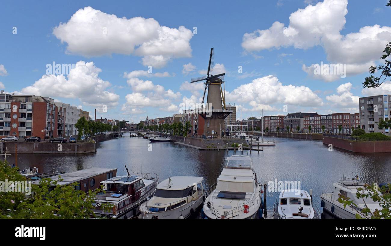 Una vista del vecchio mulino a vento Korenmolen de Distilleerketel, nello storico quartiere Delfshaven di Rotterdam, Paesi Bassi Foto Stock