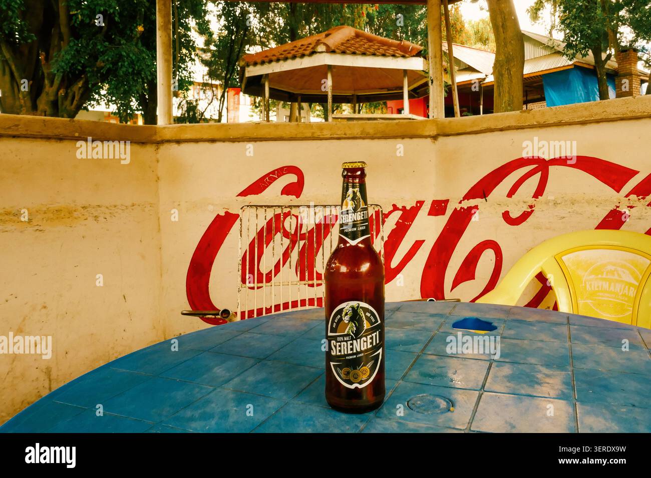 1° marzo 2022 - bottiglia di birra Serengeti ghiacciata su un tavolo presso un ristorante sulla spiaggia, Matema Beach, Tanzania Foto Stock