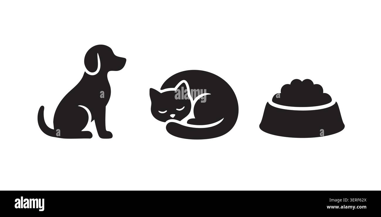 Set vettoriale con silhouette nera di ciotola per cani, gatti e animali domestici Illustrazione Vettoriale