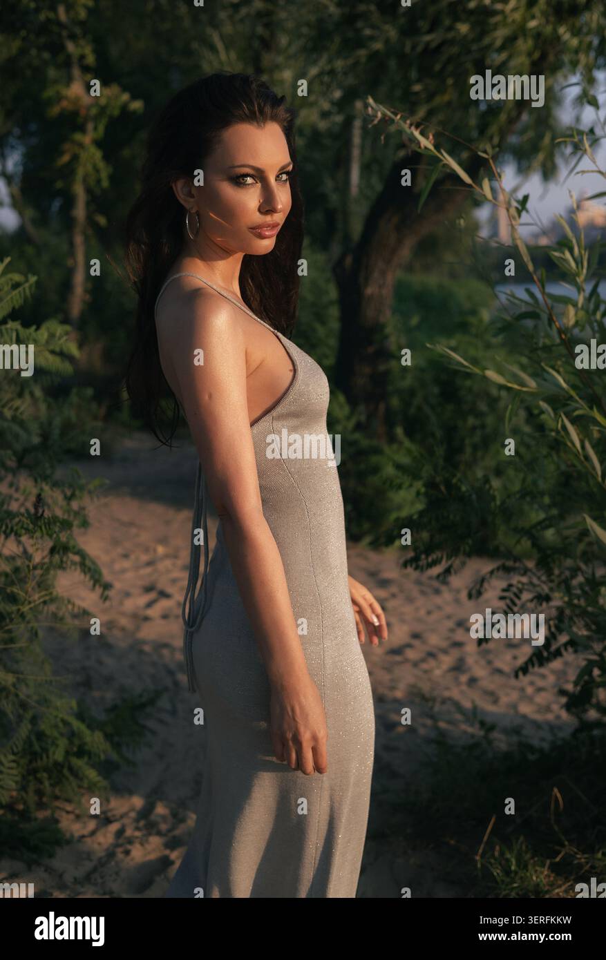 Ritratto estivo di una bellezza bruna Foto Stock