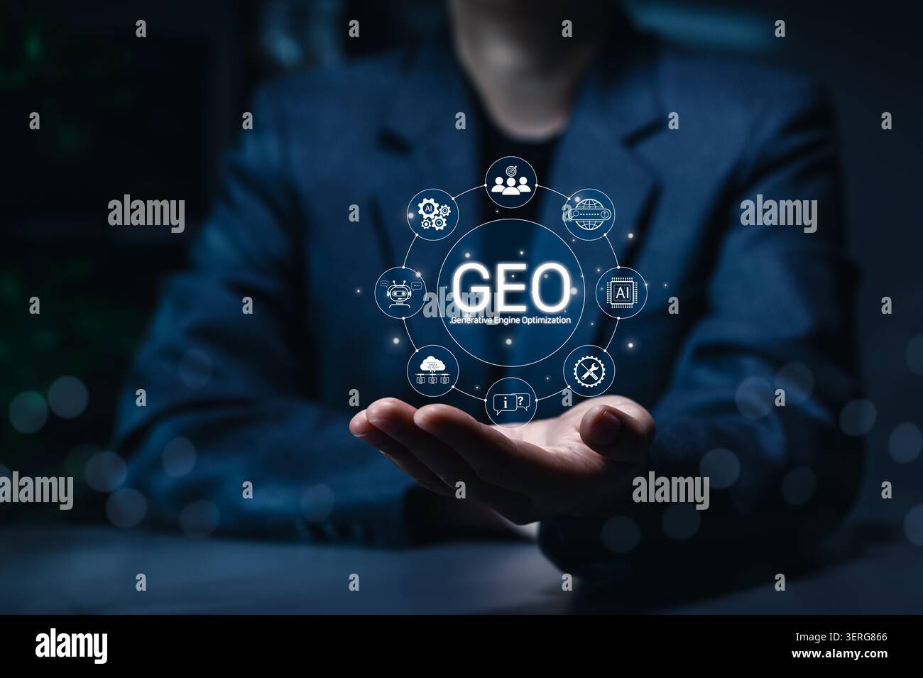 Ottimizzazione dei motori generativi GEOGRAFICI e strategia di posizionamento del marketing di ricerca ai. Icona della strategia di ricerca ai, visibilità dei contenuti marketing digitale Foto Stock