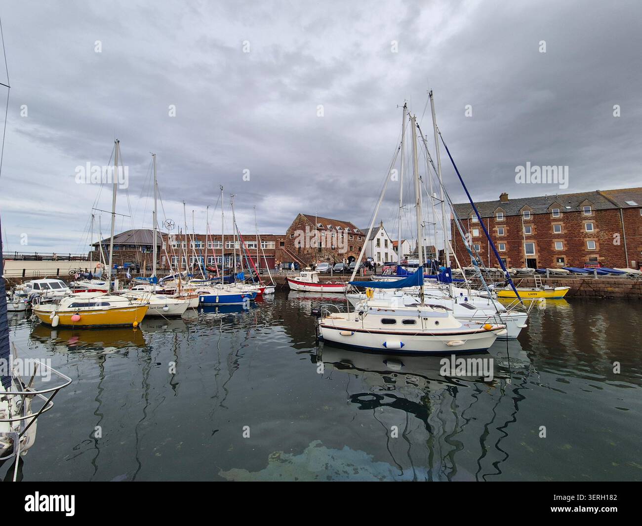 Barche ormeggiate nel porto di North Berwick. Scozia. Sullo sfondo, vecchi edifici sulla costa Foto Stock