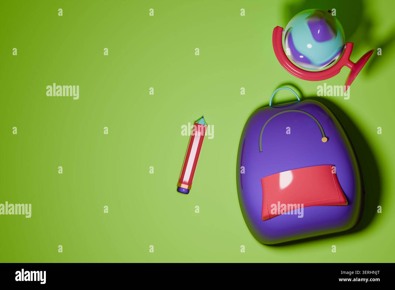 Concetto di rendering 3D Back to School. Zaino cartoni animati gonfiabile viola, matita rossa e globo su sfondo verde. Layout minimalista con spazio di copia per Foto Stock
