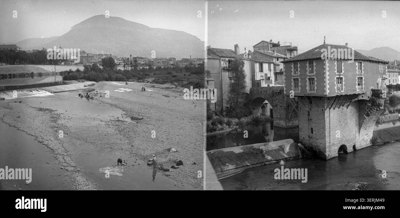 Il Pont-Vieux a Millau si estende lungo il fiume Tarn ad Aveyron, in Francia, in una fotografia del 1890 di Émile Duchemin che documenta lo storico ponte e l'ambientazione del fiume. Foto Stock