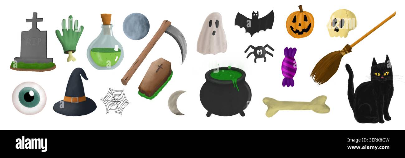 Grande set di elementi isolati della clipart di Halloween, tra cui zucca nera fantasma e streghe Foto Stock