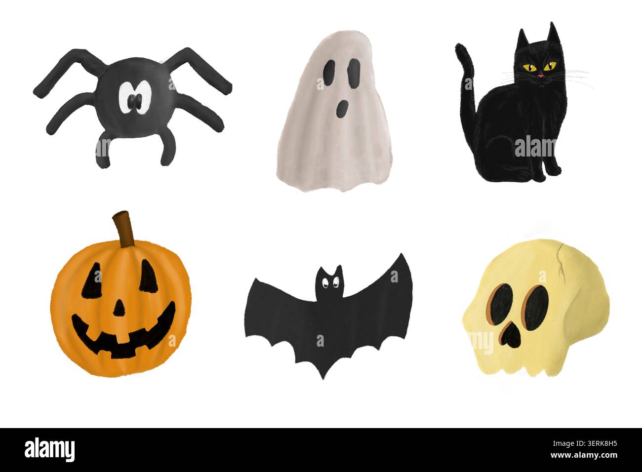 Simpatici personaggi e simboli di Halloween disegnati a mano, tra cui ragno, gatto fantasma, zucca e teschio Foto Stock