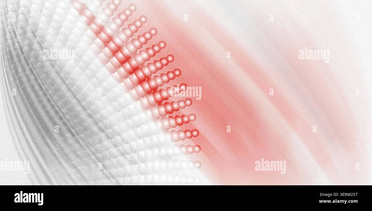 Una composizione astratta caratterizzata da una linea curva di sfere rosse su uno sfondo morbido e granuloso con effetti di sfocatura diagonale del movimento. Foto Stock