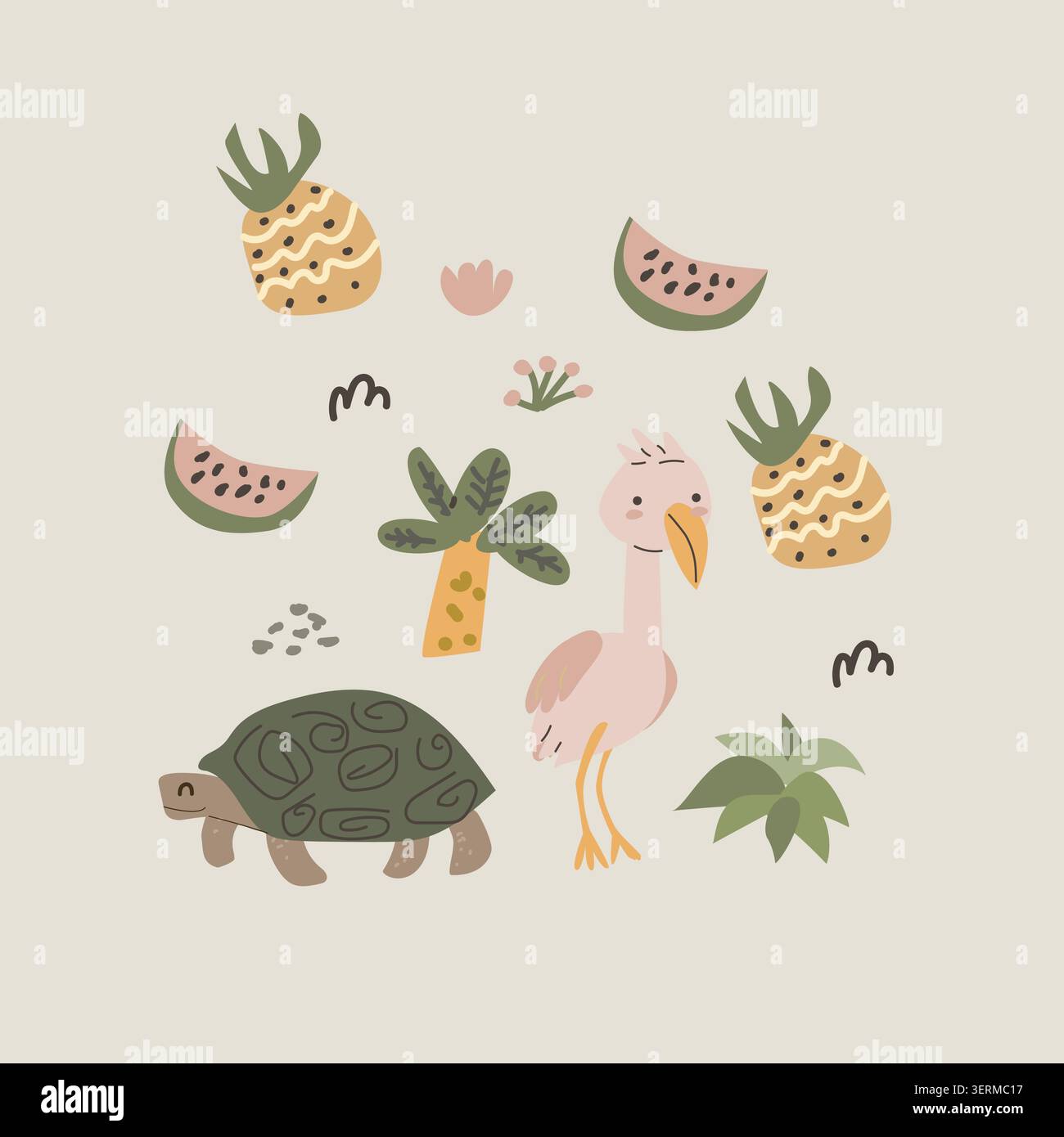 Graziosa composizione tonda di tartaruga africana e fenicottero in stile scandinavo. Illustrazione vettoriale dei cartoni animati, palma tropicale e frutta, doodle floreale Illustrazione Vettoriale