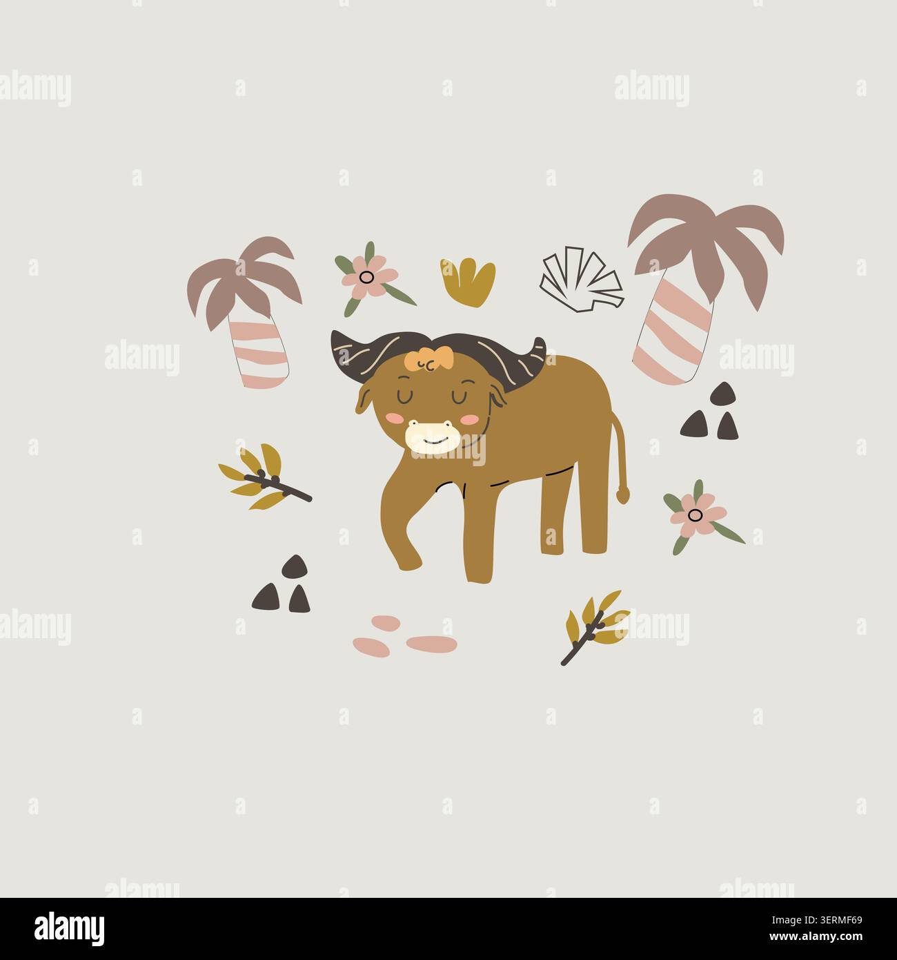 Simpatico motivo di bufalo africano senza cuciture in stile scandinavo. Illustrazione vettoriale dei cartoni animati, palma tropicale e frutti, elementi floreali doodle in c Illustrazione Vettoriale