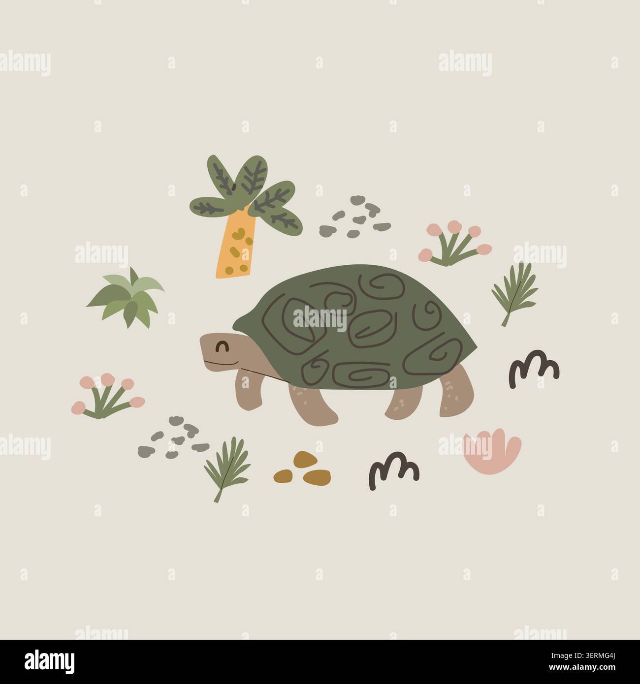 Graziosa tartaruga africana e foglie di palma senza cuciture in stile scandinavo. Illustrazione vettoriale cartoni animati, palma tropicale e erba, doodle floreale Illustrazione Vettoriale
