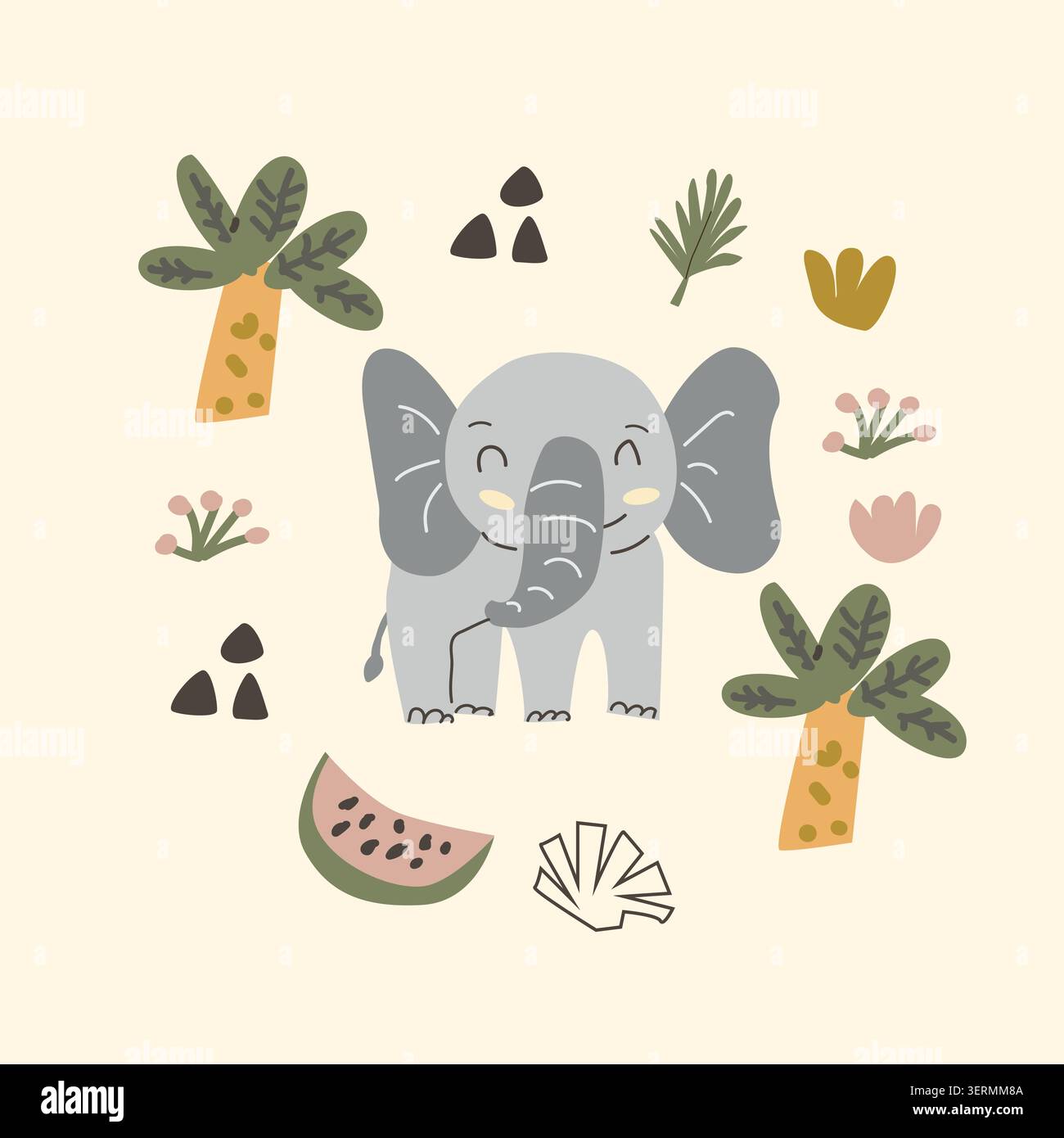 Carino cocomero africano ed elefante composizione estiva in stile scandinavo. Illustrazione vettoriale dei cartoni animati, palma e frutta tropicali, fl Illustrazione Vettoriale