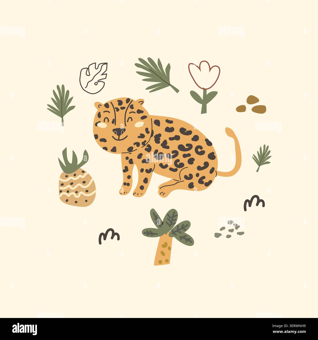 Graziosa stampa di leopardo africano e ananas in stile scandinavo. Illustrazione vettoriale dei cartoni animati, palme e frutti tropicali, flora doodle Illustrazione Vettoriale