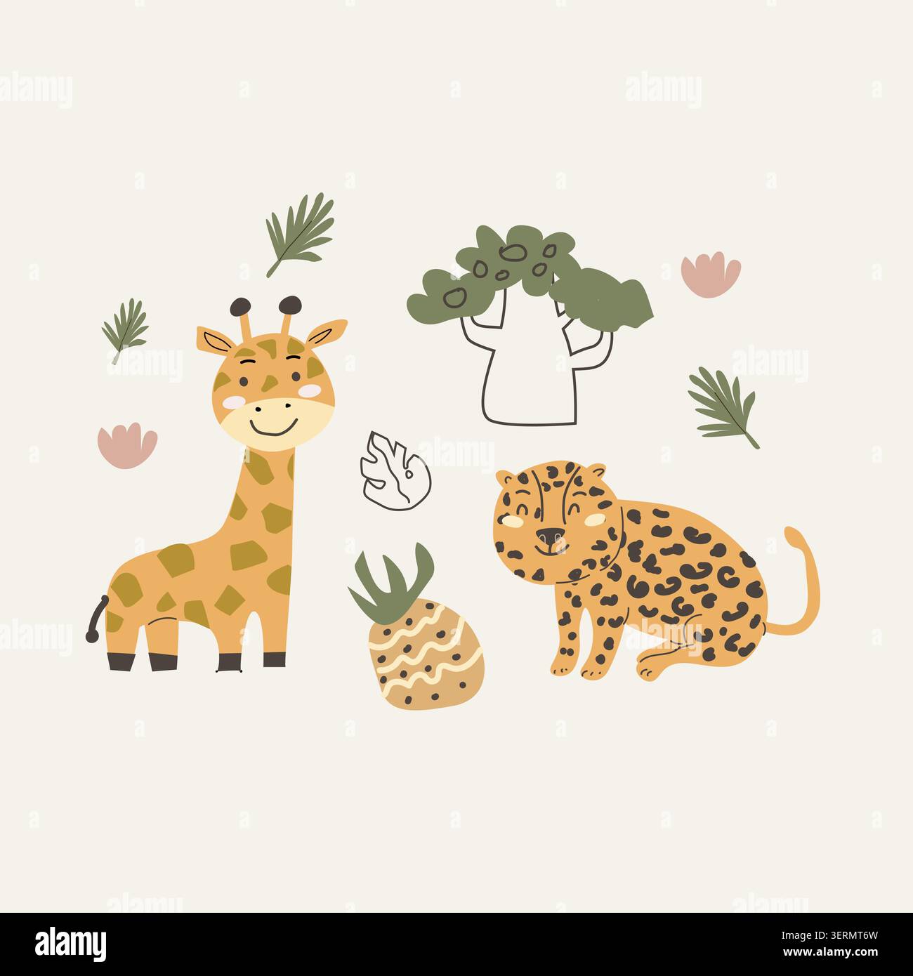 Simpatico leopardo africano, giraffa e ananas e composizione in stile scandinavo. Illustrazione vettoriale dei cartoni animati, palma tropicale e frutta, doodl Illustrazione Vettoriale