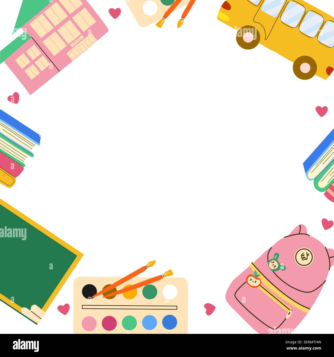 Torna al quadro scolastico. Modello di sfondo in stile moderno. Articoli di cancelleria dell'asilo, elementi chimici e globo, libro e sacca per la scuola Illustrazione Vettoriale