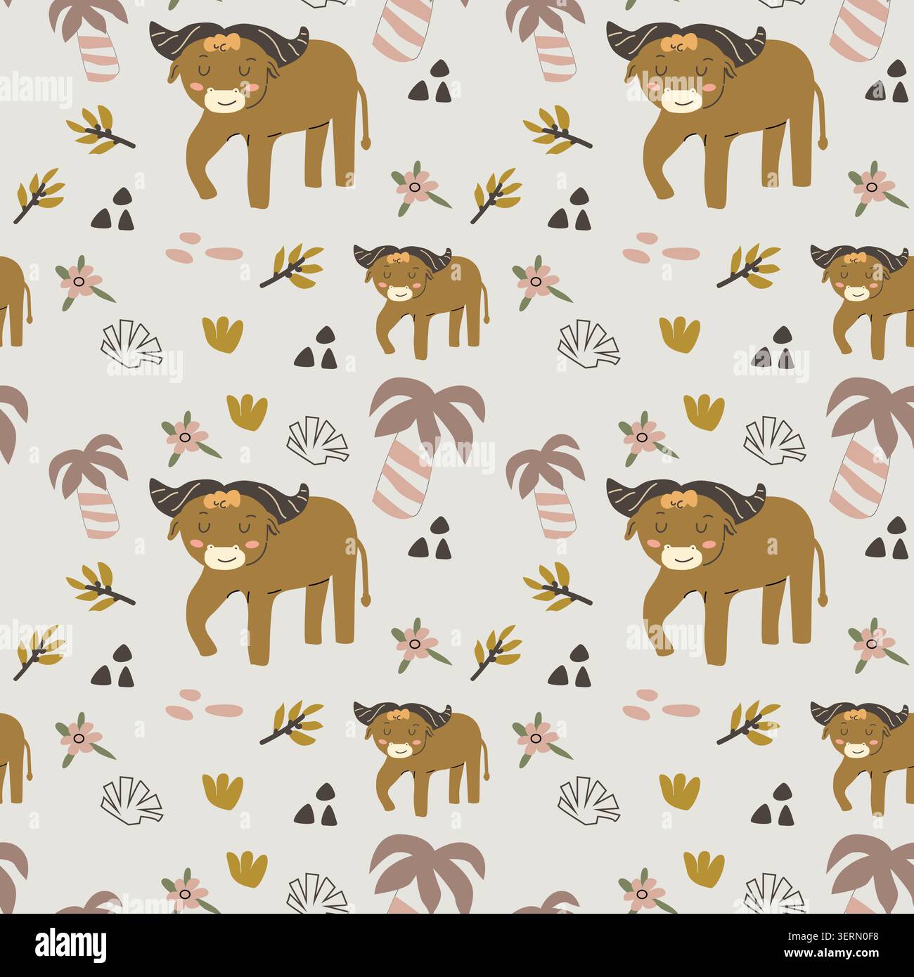 Simpatico motivo di bufalo africano senza cuciture in stile scandinavo. Illustrazione vettoriale dei cartoni animati, palma tropicale e frutti, elementi floreali doodle in c Illustrazione Vettoriale