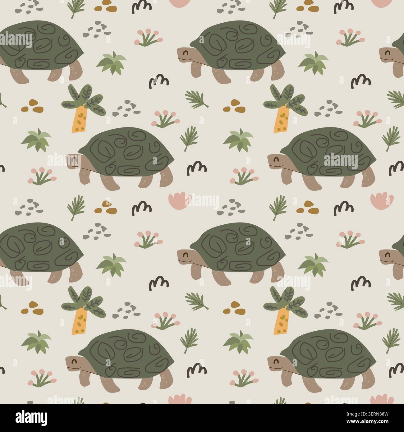 Graziosa tartaruga africana e foglie di palma senza cuciture in stile scandinavo. Illustrazione vettoriale dei cartoni animati, palma e frutta tropicali, elementi floreali di doodle in stile infantile. Illustrazione Vettoriale