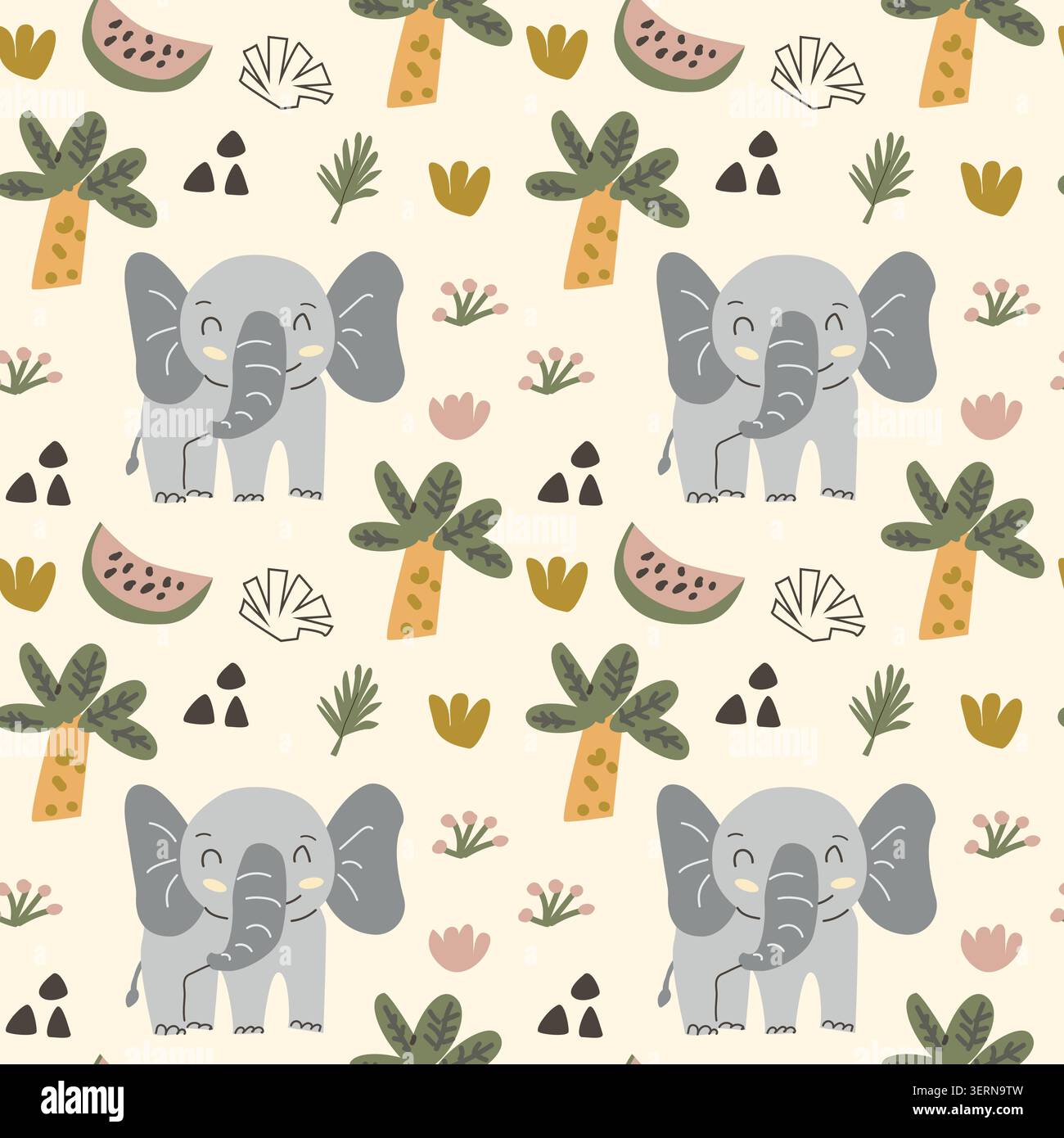 Grazioso elefante africano e anguria senza cuciture in stile scandinavo. Illustrazione vettoriale dei cartoni animati, palma e frutta tropicali, elementi floreali di doodle in stile infantile. Illustrazione Vettoriale