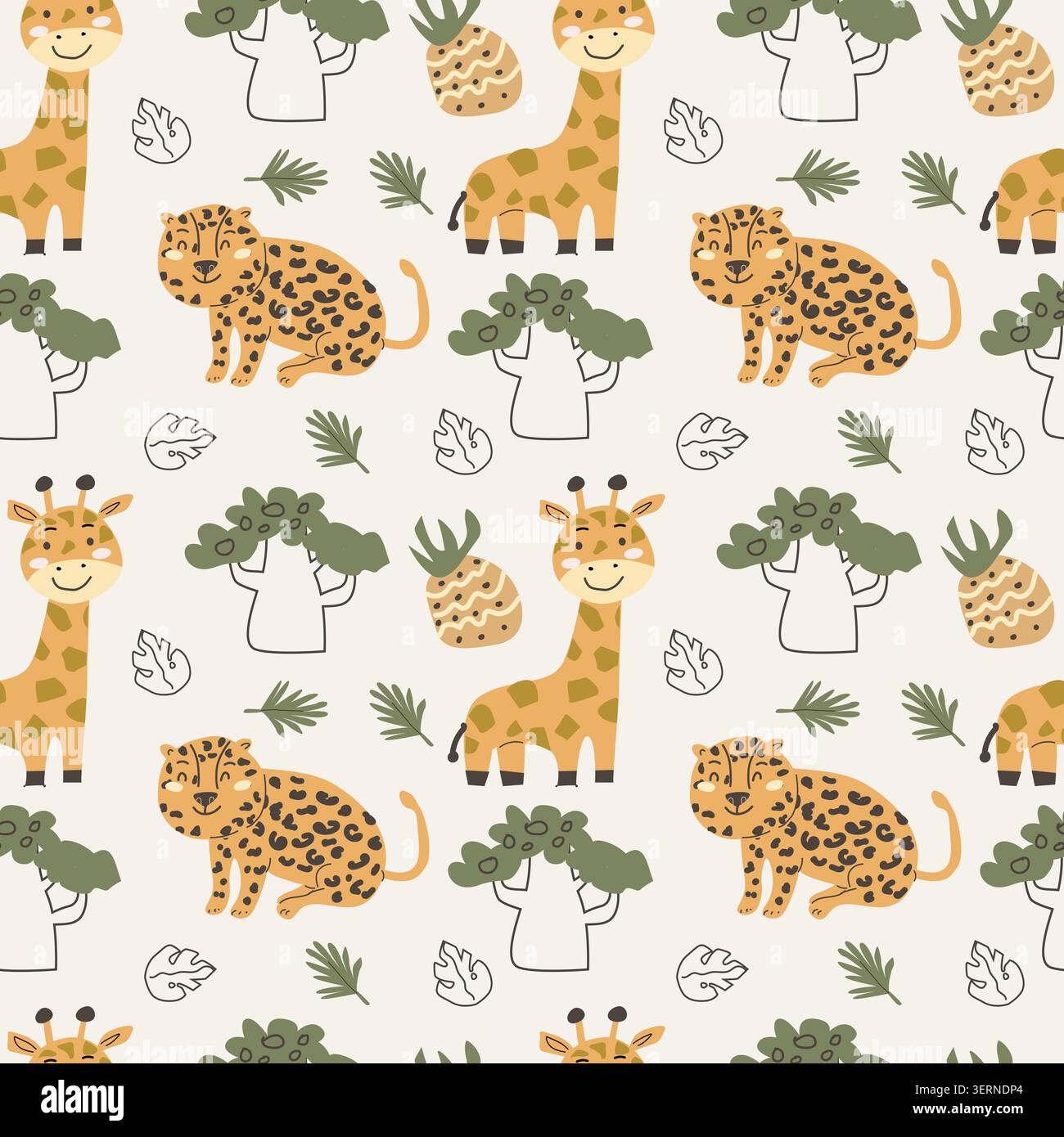 Grazioso leopardo africano, giraffa e ananas e motivo senza cuciture in stile scandinavo. Illustrazione vettoriale dei cartoni animati, palma e frutta tropicali, elementi floreali di doodle in stile infantile. Illustrazione Vettoriale