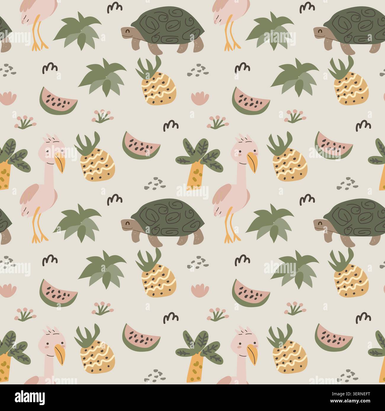 Graziosa tartaruga africana e fenicottero senza cuciture in stile scandinavo. Illustrazione vettoriale dei cartoni animati, palma e frutta tropicali, elementi floreali di doodle in stile infantile. Illustrazione Vettoriale