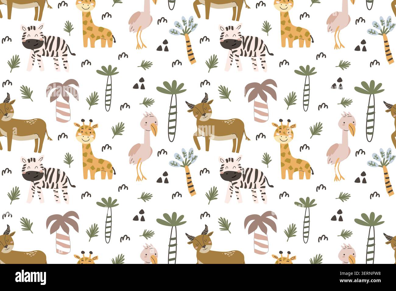 Simpatico motivo con piccoli animali della giungla in stile scandinavo infantile. Adorabili zebre, giraffe e altri animali da safari con palme tropicali. Illustrazione Vettoriale