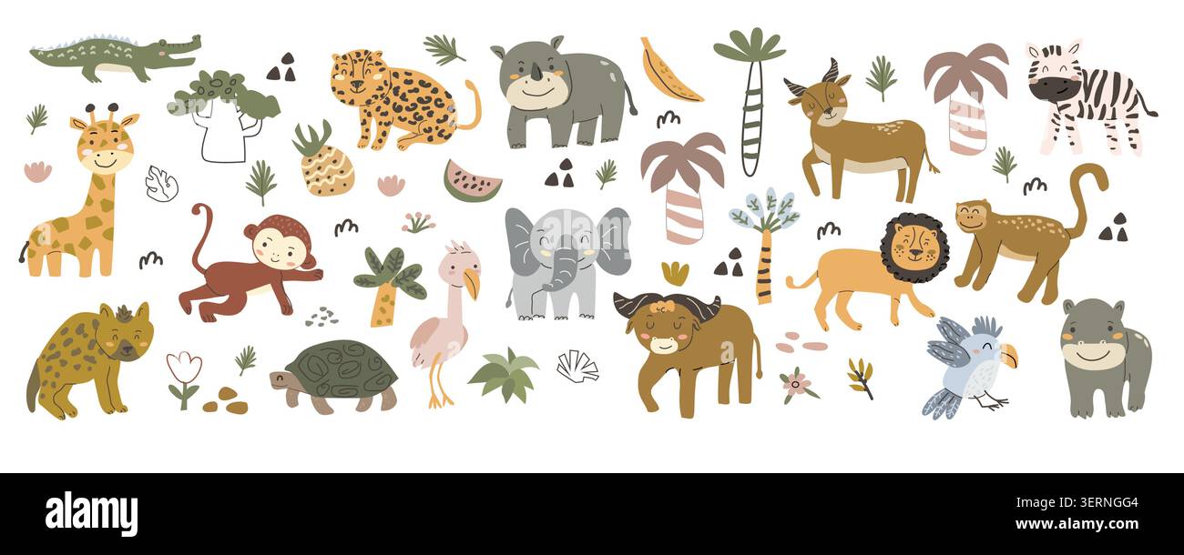Grande serie di animali da safari africani in stile scandinavo infantile. Doodle illustrazione vettoriale dei cartoni animati di piccoli animali. Leone, scimmia, rinoceronte e ippopotamo, tartaruga e fenicottero, pappagallo. Palme e foglie esotiche. Illustrazione Vettoriale