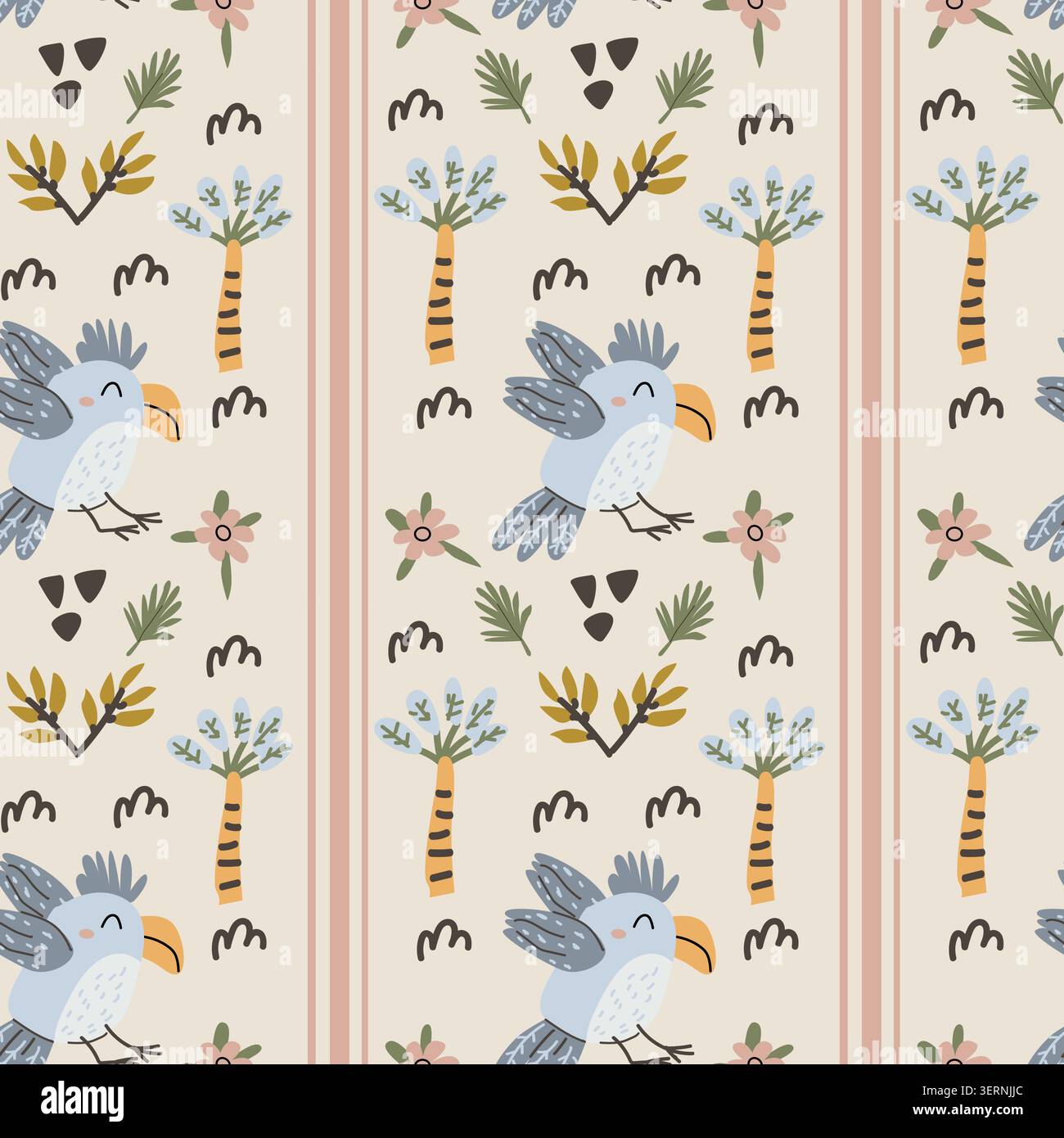 Grazioso pappagallo africano e motivo senza cuciture di palme in stile scandinavo. Illustrazione vettoriale dei cartoni animati, palme e fiori tropicali, elementi floreali doodle in stile infantile. Illustrazione Vettoriale
