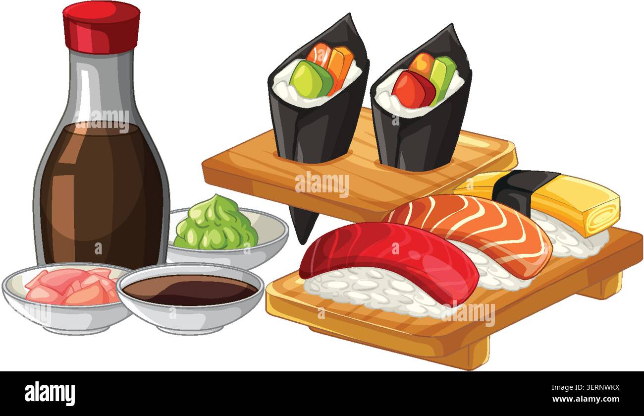 Illustrazione vettoriale piatta di nigiri, temaki, salsa di soia, wasabi e zenzero su piatti di legno Illustrazione Vettoriale