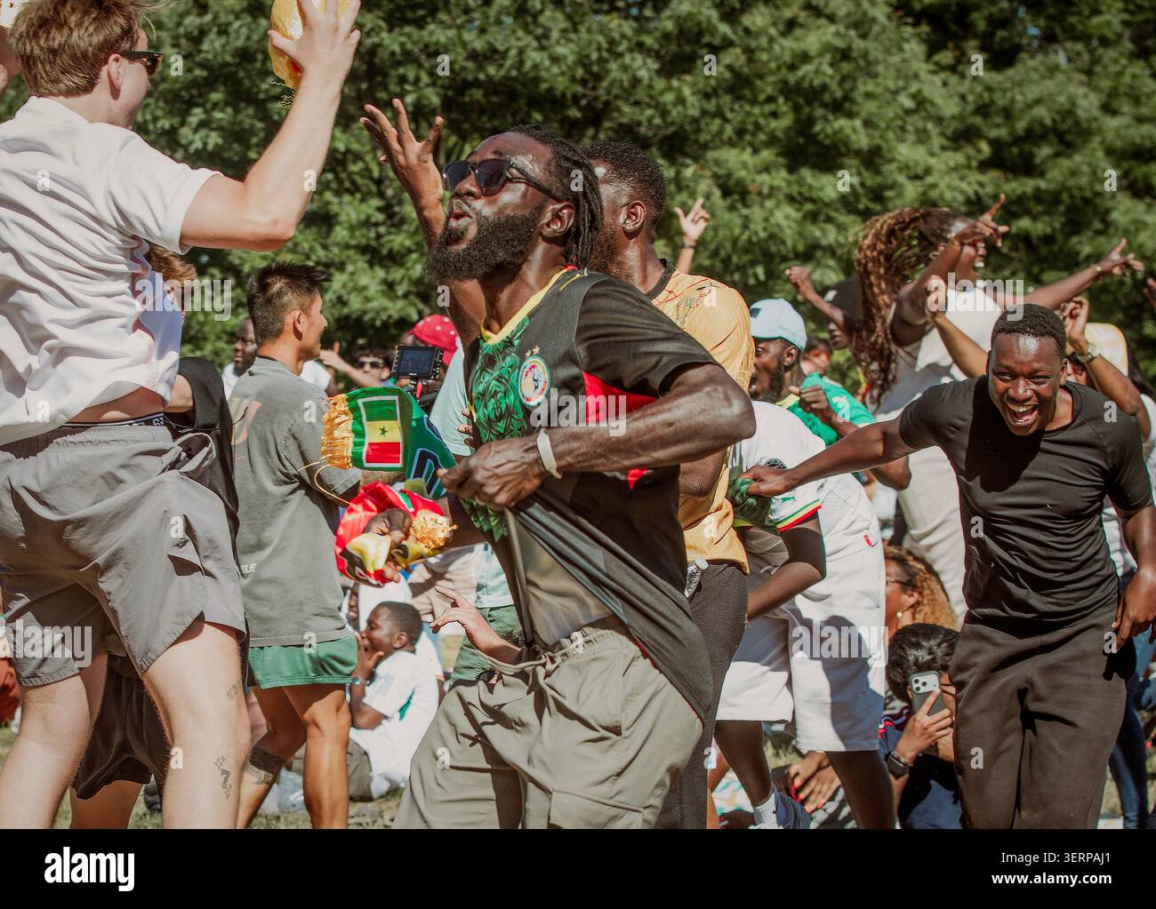 Gli entusiasti tifosi di calcio senegalesi festeggiano insieme all'aperto Foto Stock