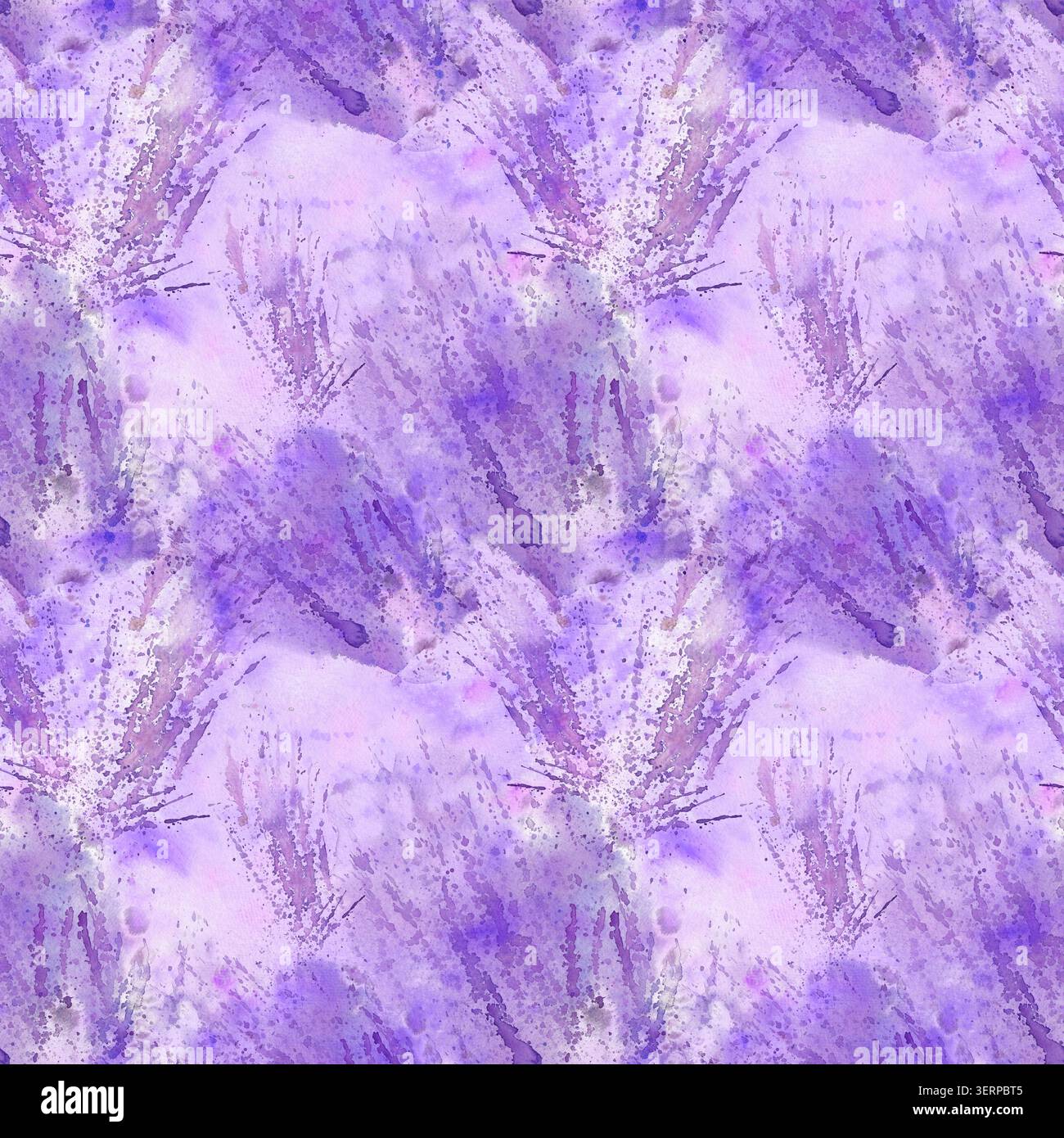 Trama astratta senza cuciture di acquerello con colori viola, lavanda e bianchi, con pennelli sparsi e schizzi sottili. Ideale per un'elegante ba Foto Stock