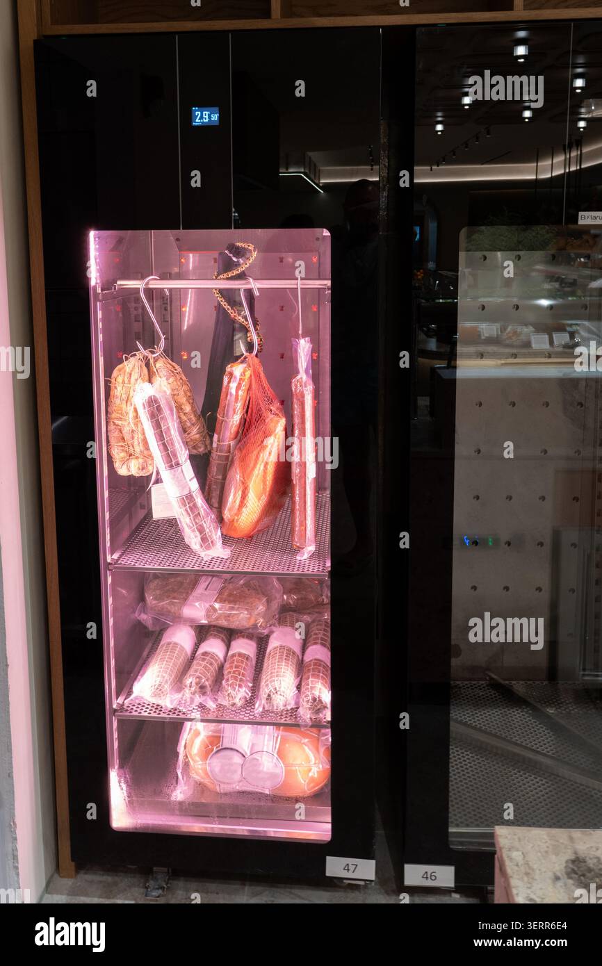 Un assortimento di salumi gourmet, prosciutto, salame e salsicce appese e appoggiate sugli scaffali all'interno di un moderno armadietto nero lucido per invecchiamento. Il prof Foto Stock