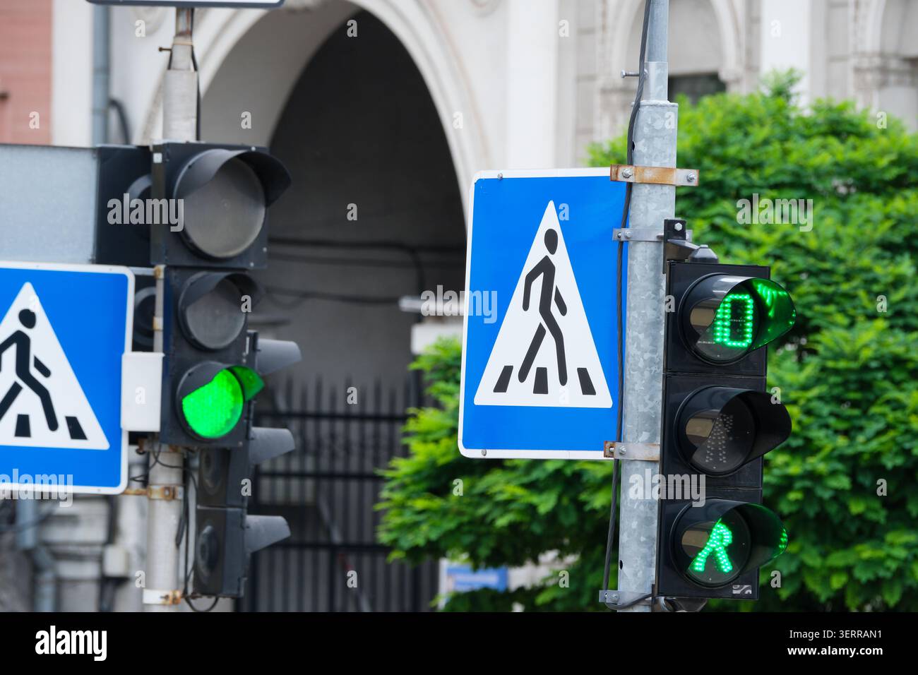 I segnali stradali verdi e luminosi invitano i pedoni ad attraversare la strada con calma. Foto Stock