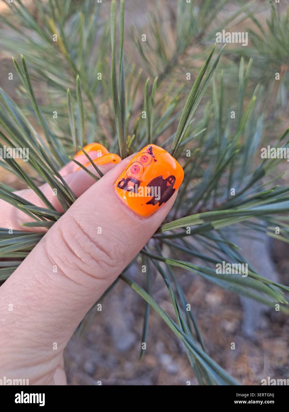 Il pollice di una donna presenta una vivace colorazione arancione a tema Halloween, tra cui una mazza e una zucca, appesa su uno sfondo di aghi verdi di pino Foto Stock
