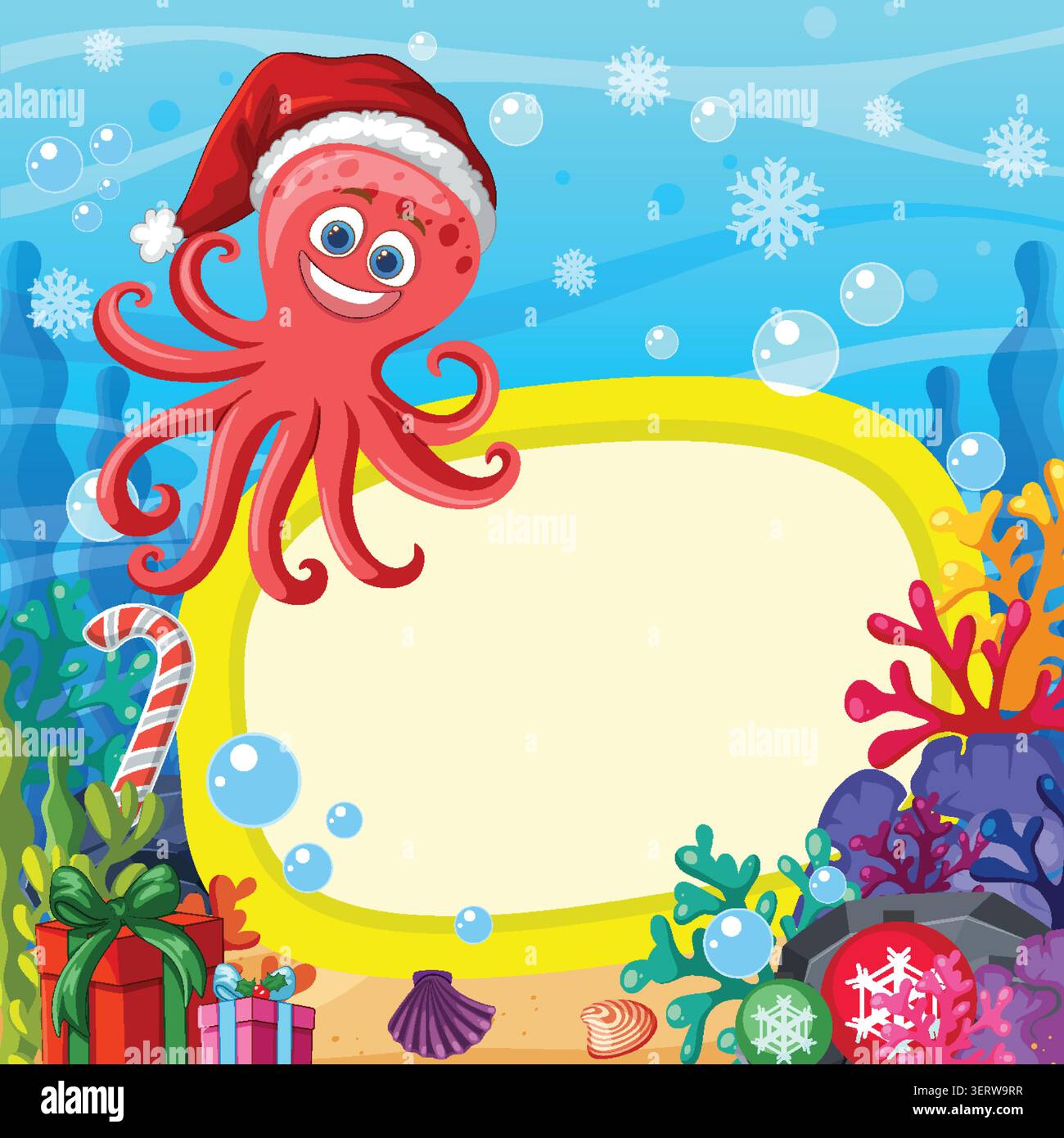 Allegro polpo rosso nel cappello di Babbo Natale accanto a una cornice gialla vuota sullo sfondo della festosa barriera corallina. Illustrazione Vettoriale