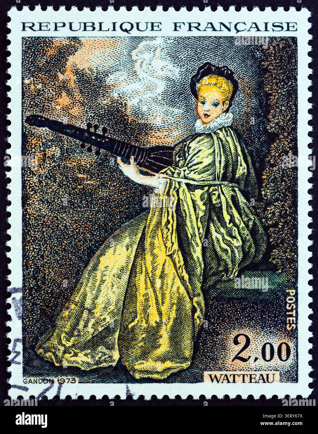 FRANCIA - 1973 CIRCA: Un francobollo stampato in Francia dal numero "French Art" mostra la Finette (ragazza con liuto) di Antoine Watteau Foto Stock