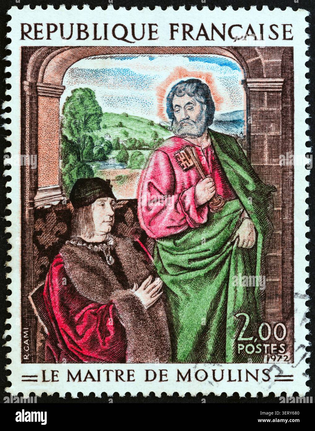 FRANCIA - 1972 CIRCA: Un francobollo stampato in Francia mostra San Pietro che presenta Pierre de Bourbon (Maestro di Moulins) Foto Stock