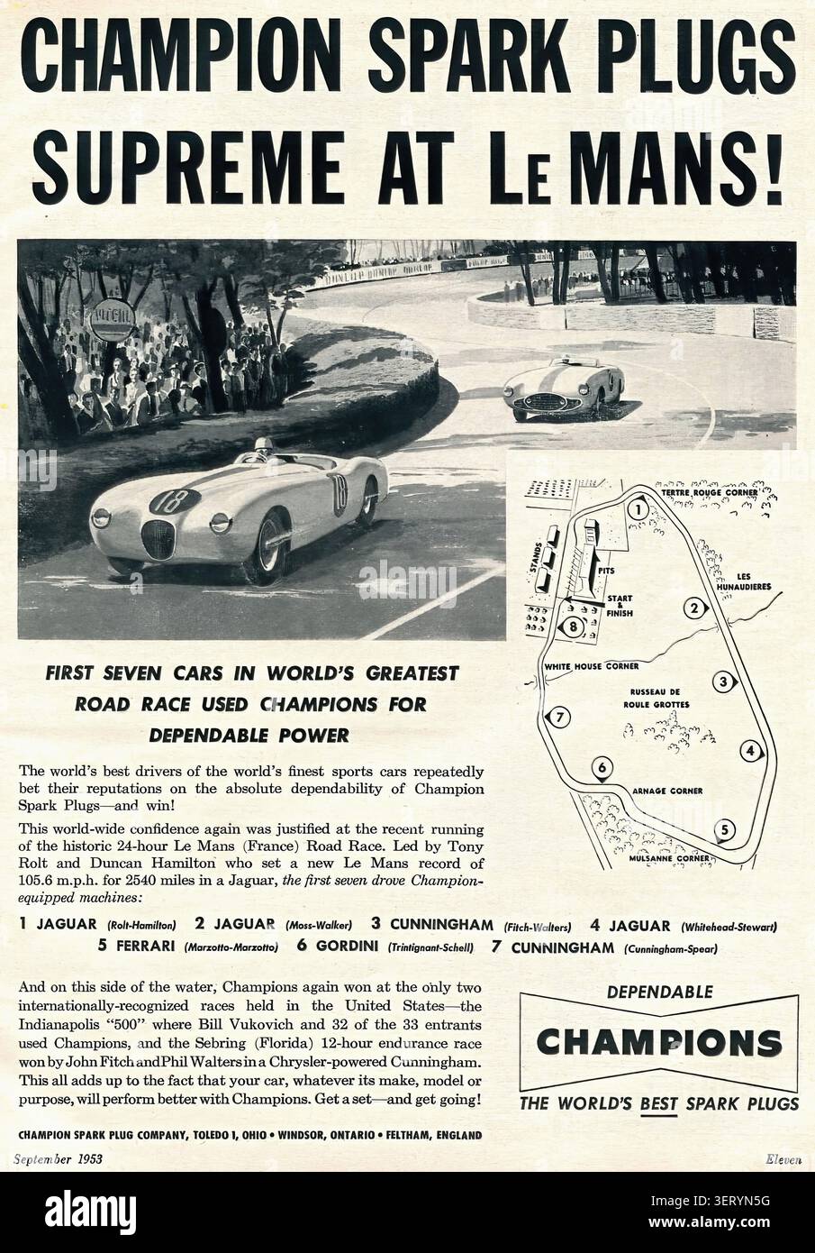 1953 Champion Spark Plugs Advertising Motor Trend settembre 1953 - pubblicità per la stampa americana d'epoca Foto Stock