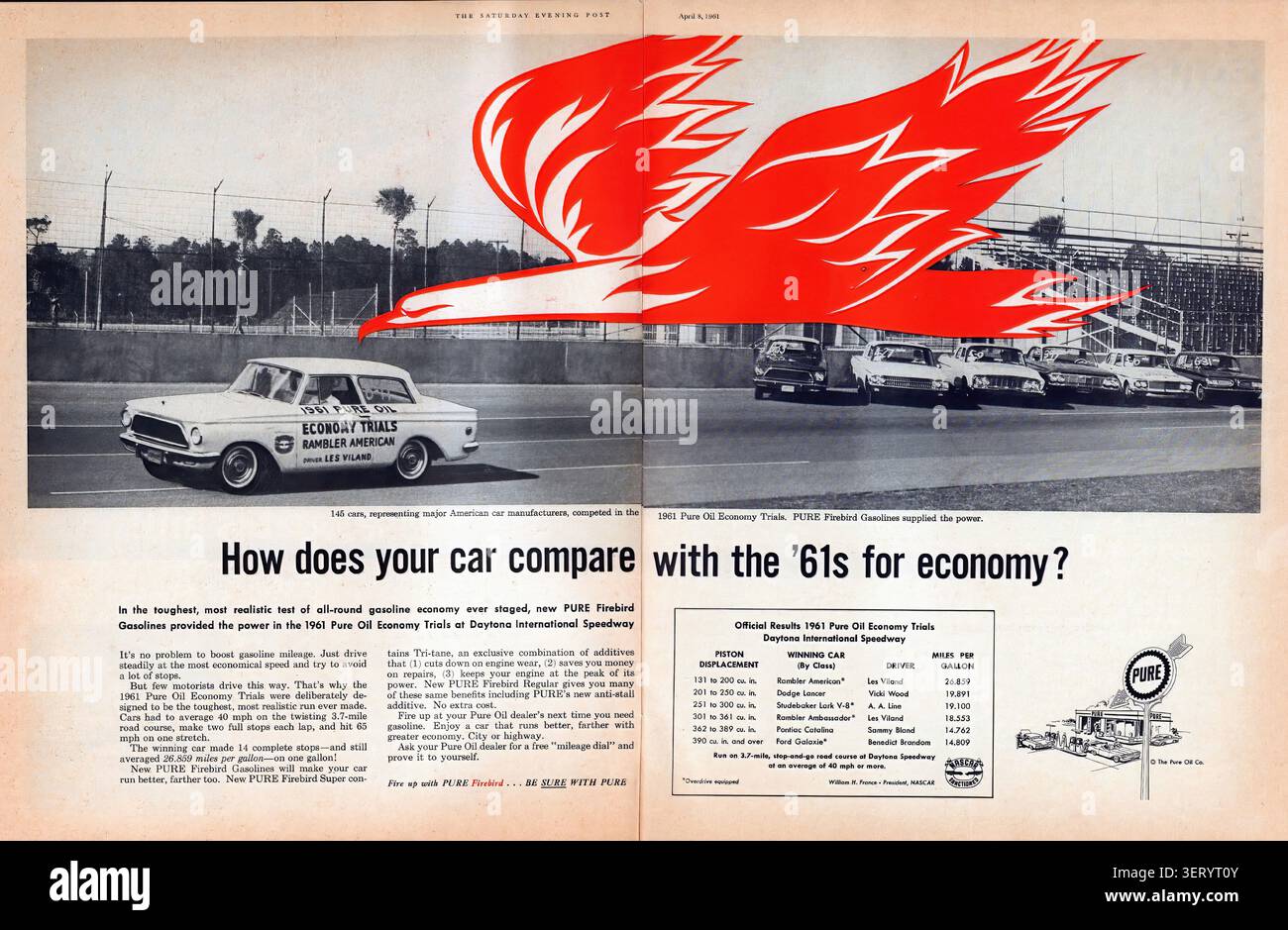 1961 Pure Oil Firebird Gasoline Advertisement The Saturday Evening Post 8 aprile 1961 - pubblicità per la stampa americana d'epoca Foto Stock