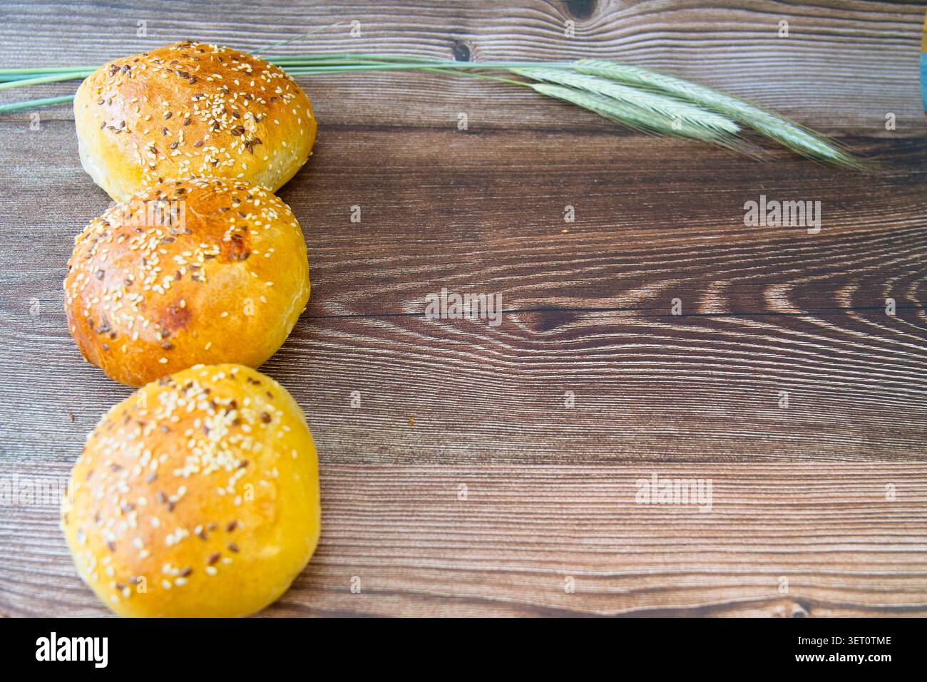 Pane e panini freschi dalla panetteria, ancora caldi sul tavolo…foto con casella di testo, casella di testo, immagine con casella di testo, inserire il testo, spazio per il testo Foto Stock