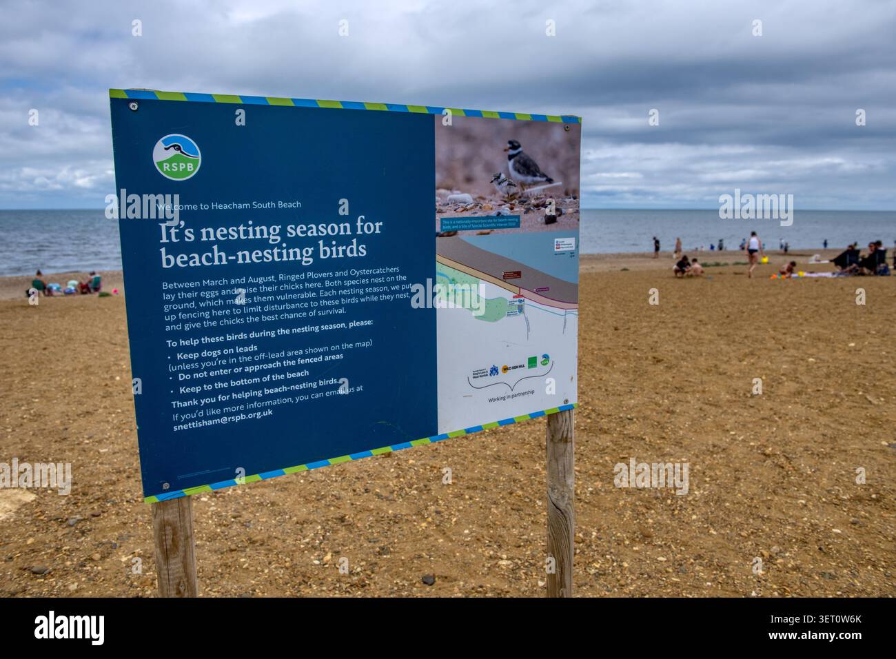 RSPB Sign On Heacham Beach a Norfolk avverte i visitatori di evitare aree utilizzate da uccelli che nidificano a terra come Common ringed Plover e Oystercatcher Foto Stock