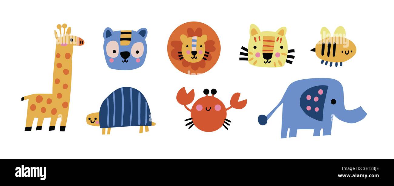Carino set di clipart con giraffa, tartaruga, koala, panda, leopardo, personaggi ispirati alle api, agli elefanti e alla natura su sfondo bianco, colorata collezione in stile scandinavo per adesivi, decorazioni per vivai, poster per bambini, progetti di album, biglietti d'auguri, prodotti per bambini e design divertente per bambini. Illustrazione vettoriale Illustrazione Vettoriale
