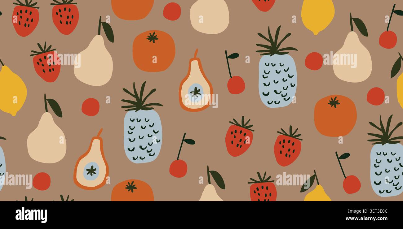 Frutti tropicali senza cuciture con fragole, prugne, ananas, ciliegie, arance, pere e limoni su un caldo sfondo marrone terroso, elegante design di ispirazione scandinava ripetuto in tonalità naturali tenui per tessuti da cucina, carta da parati, carta da imballaggio, carta da foglietto e arredamento estivo moderno. Illustrazione vettoriale Illustrazione Vettoriale