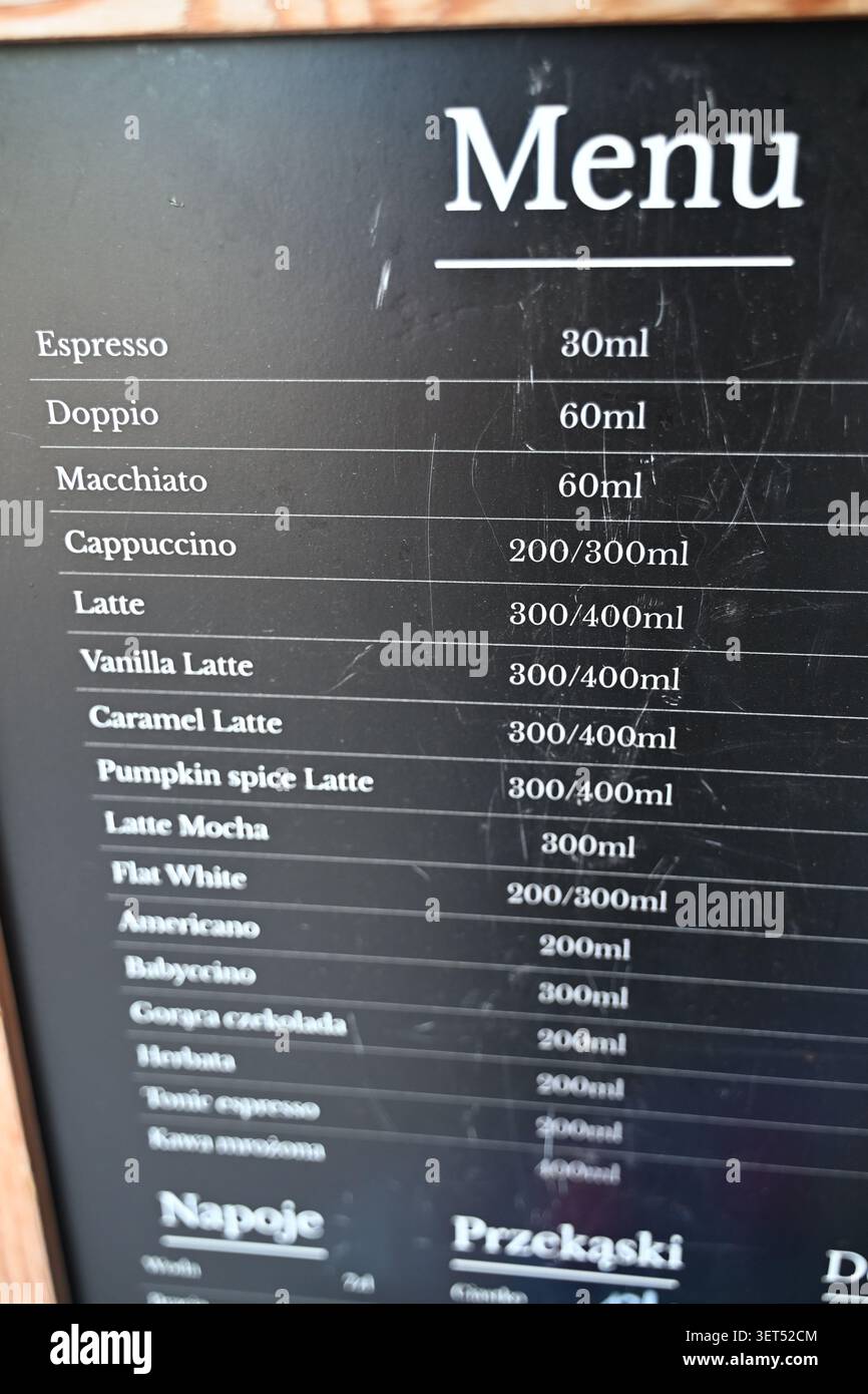 Classic Café Beverage Menu Board senza prezzi Foto Stock