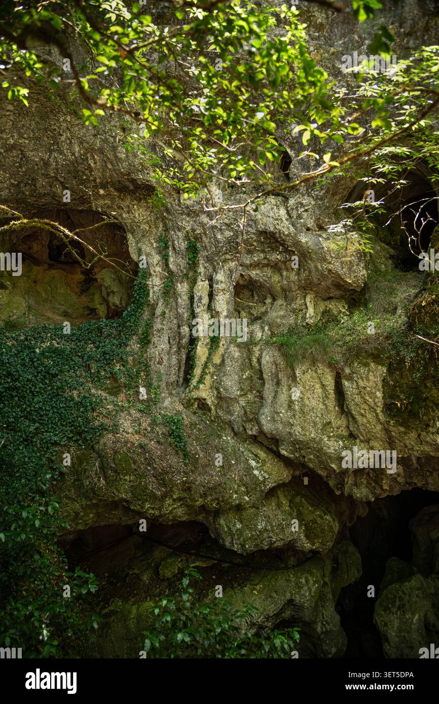 Formazione rocciosa simile a un volto umano a Olhos de Água do Alviela in Portogallo Foto Stock